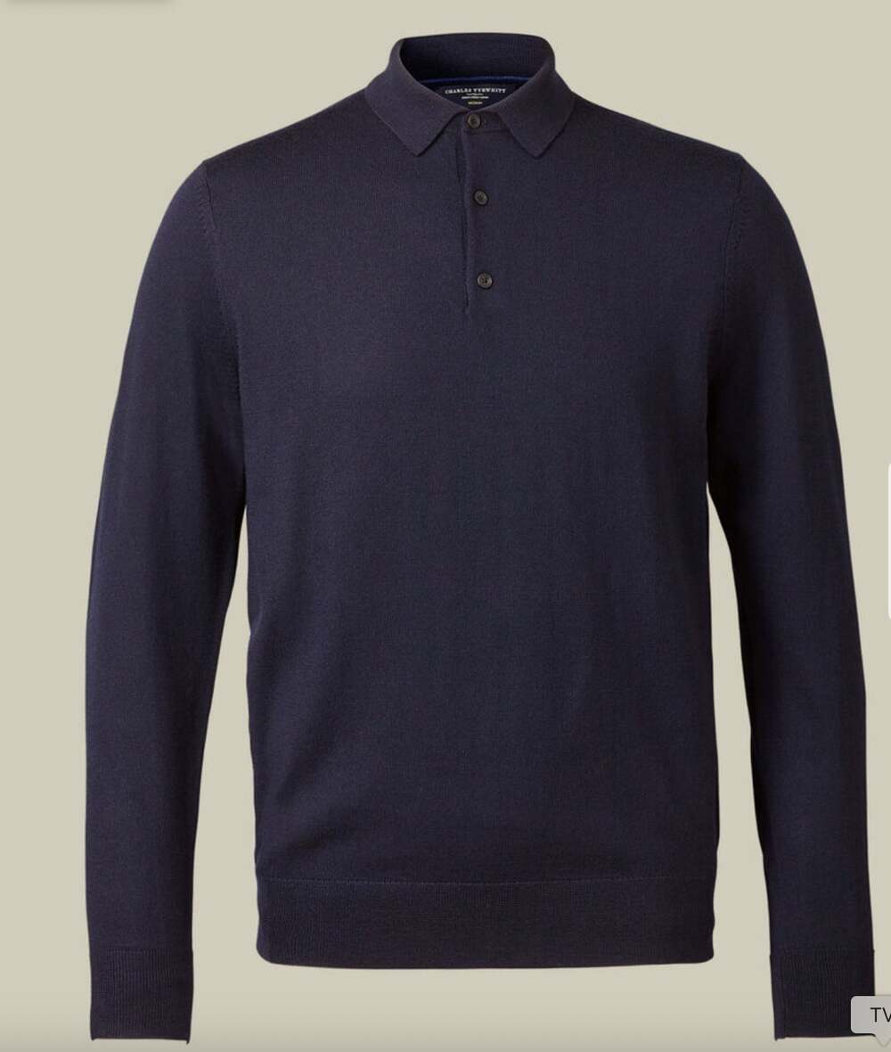 Charles Tyrwhitt Pure Merino Wool Button Neck Polo Navy XL